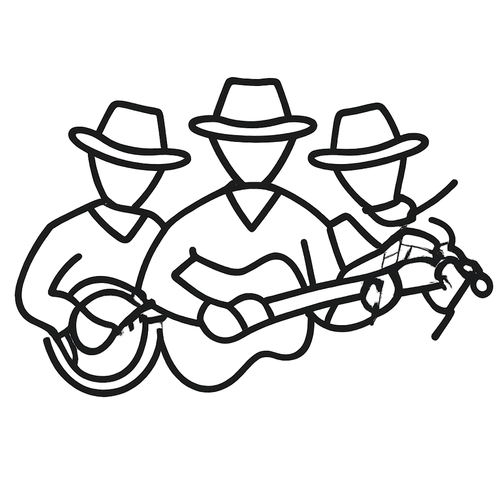 A line drawing image of three individuals, wearing hats, each holding a different musical instrument.